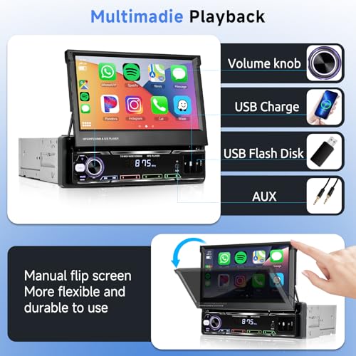 7" Flip Out Touchscreen Car Stereo with Wireless Carplay Android Auto Bluetooth AM/FM USB K540