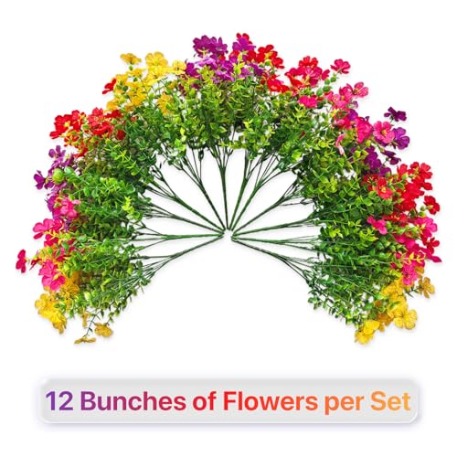 2 Sets Outdoor Artificial Flowers with 12" Hanging Basket, 24 Bunches of Faux Flowers with 2 Hanging Planters Yellow Orange L4566
