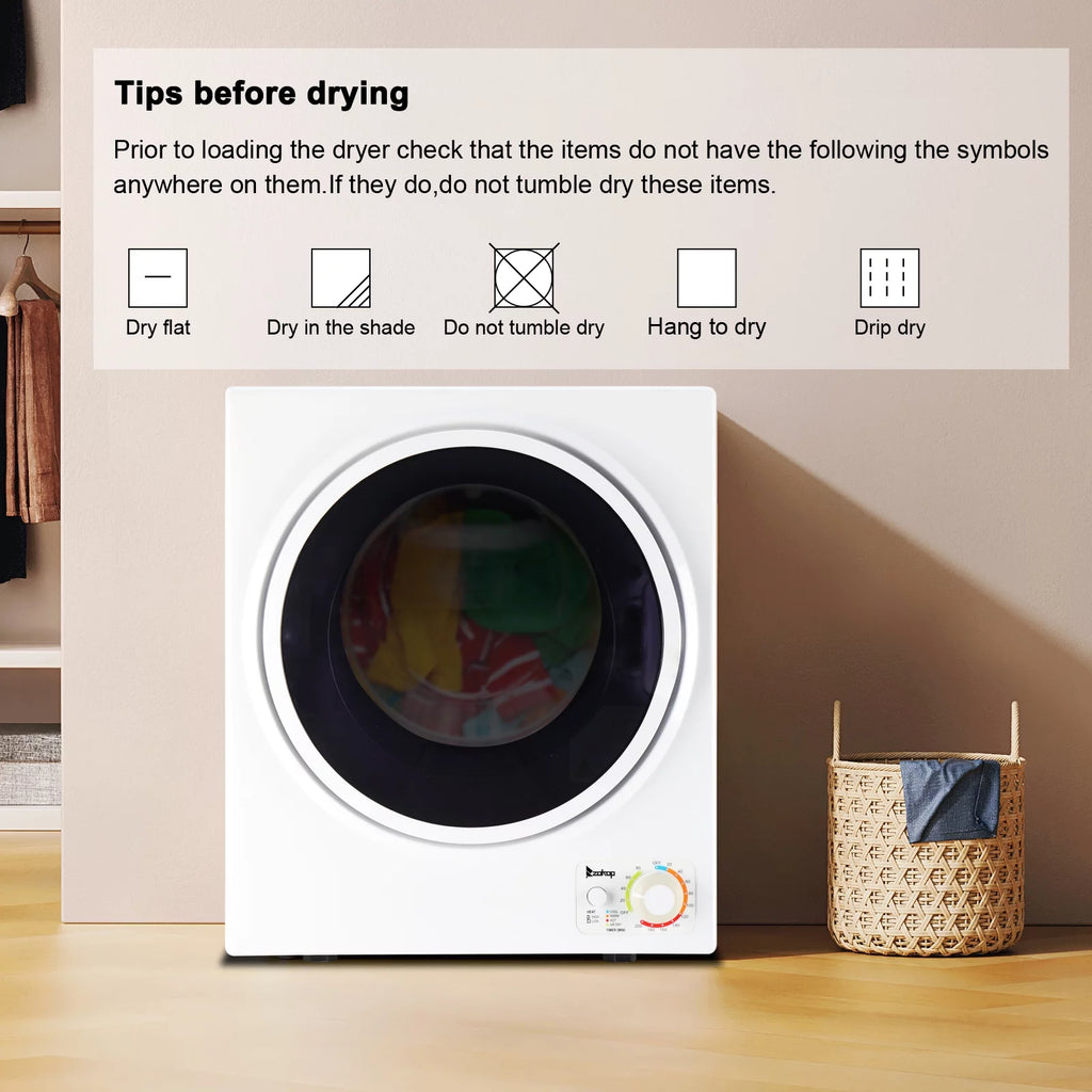 Portable 850W 1.6cu ft Front Load Electric Clothes Dryer with Stainless Steel Tub, White D297