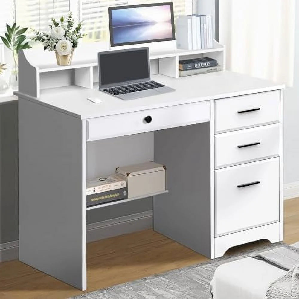 White 44" Wood Desk with 4 Drawers and Hutch T847