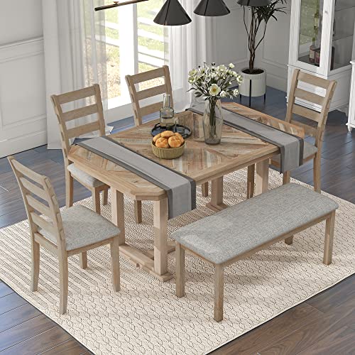 6-Piece Rubber Wood Dining Table Set with 4 Cushioned Chairs and Bench, Light Gray T736772