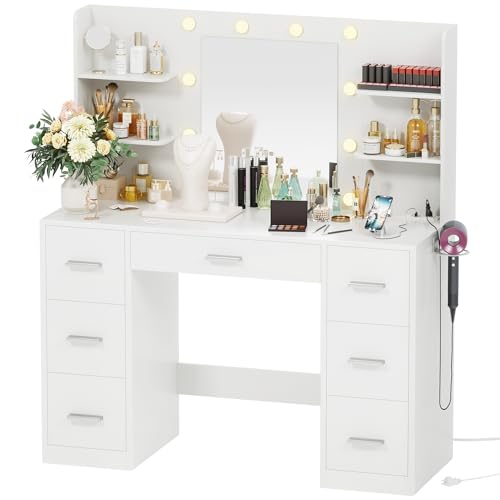 White Vanity Desk with LED Lighted Mirror and 7 Drawers H21419