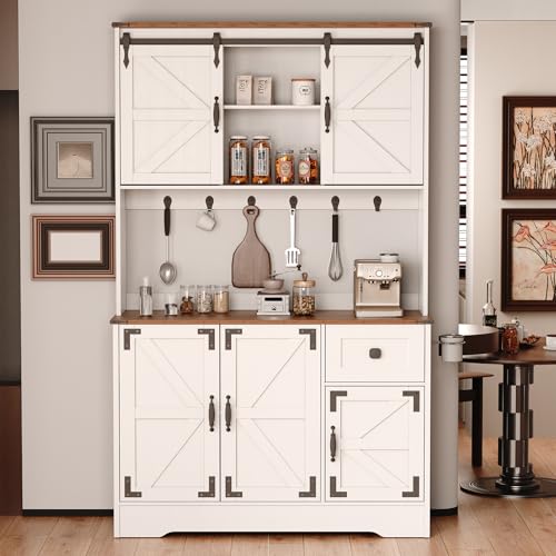 White Kitchen Pantry Cabinet with Charging Station and Microwave Stand K96578