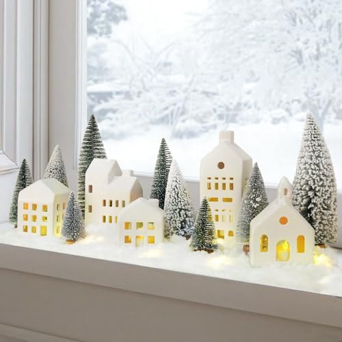 Christmas Village Sets of 5 Ceramic Houses with LED Lights and 9 Trees H64899