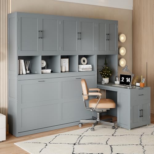 White Twin Size Wooden Murphy Bed with Closet Drawers Desk S3281
