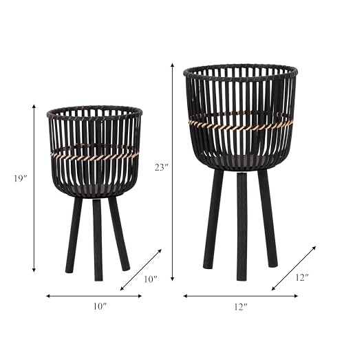 Set of 2 Bamboo Wood Planters on Stands, Brown/Black V402