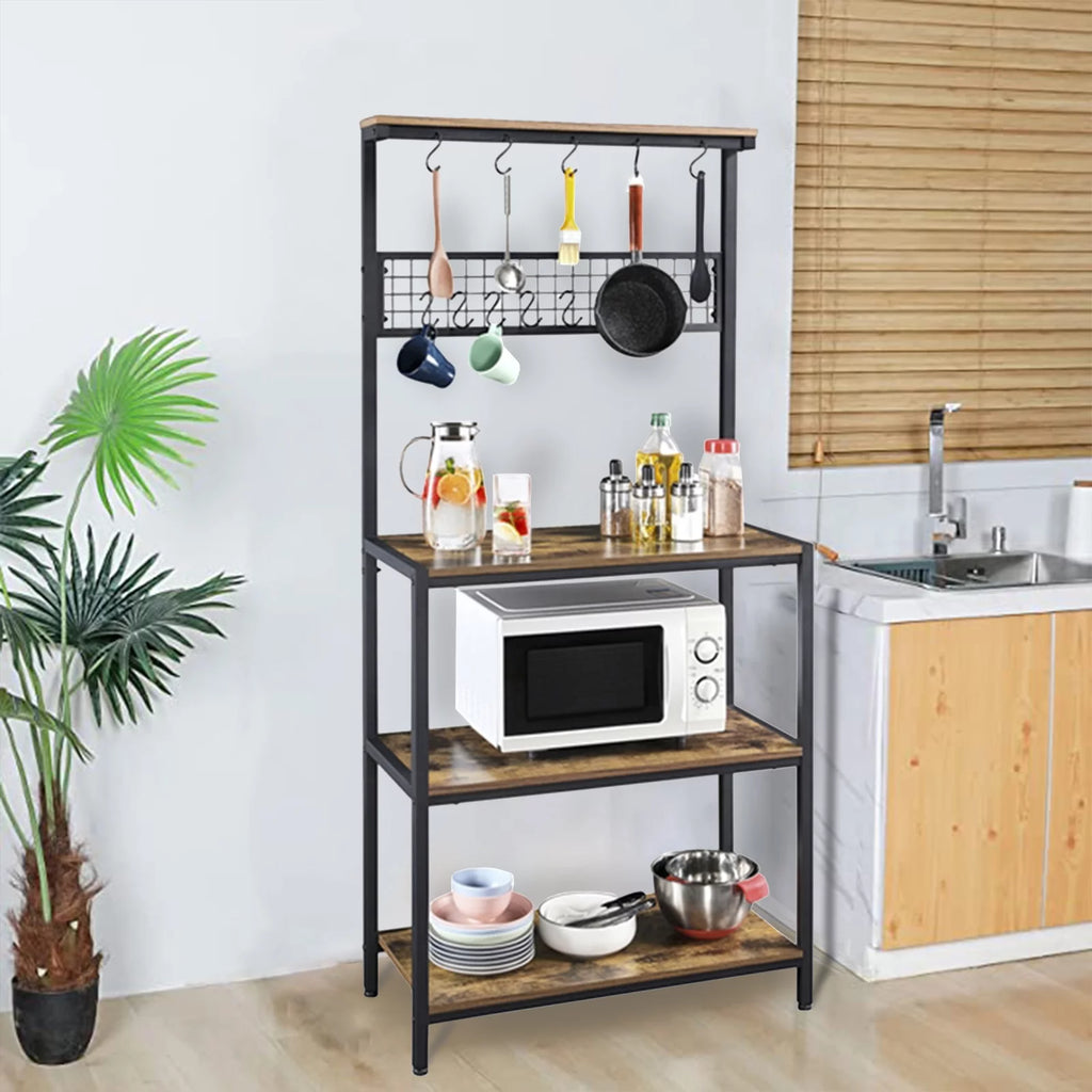 67" Wooden Rustic Brown Bakers Rack with 4 Storage Shelves & 10 Hooks E3386