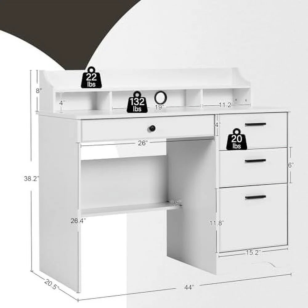 White 44" Wood Desk with 4 Drawers and Hutch T847