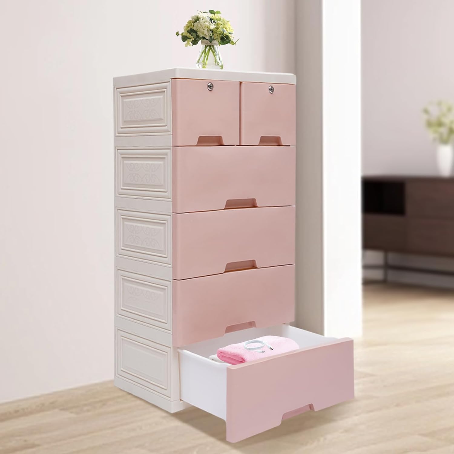 6 Drawers Pink Plastic Dresser with 4 Wheels M2797