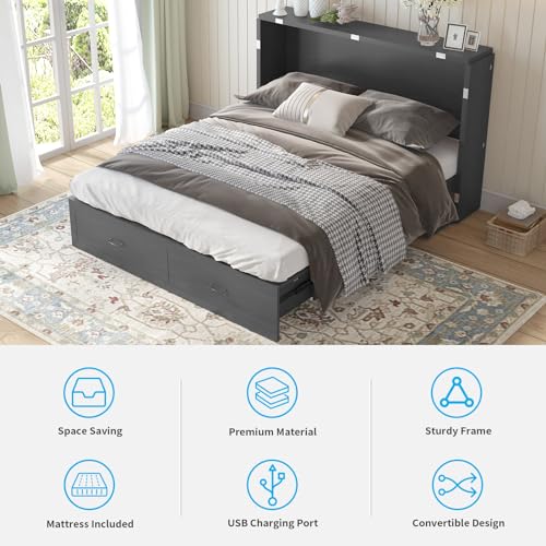 Queen Size Solid Wood Murphy Bed with Foam Mattress and 2 Storage Drawers Y745132