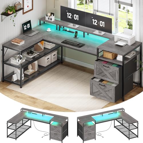 White L Shaped Desk with Drawers and Power Outlet Y72924
