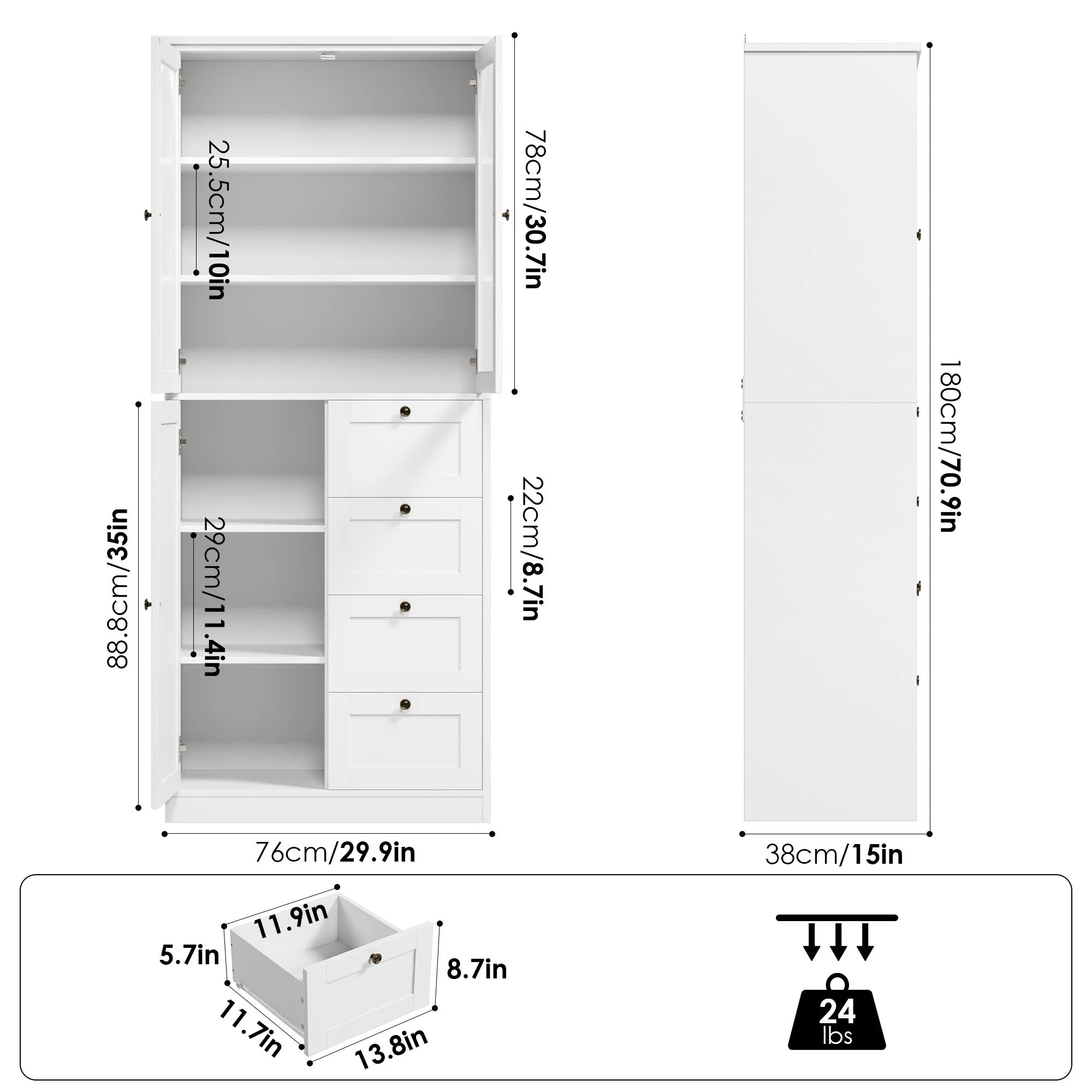 White 70.9" Bathroom Cabinet with Glass Doors and 4 Drawers J41852