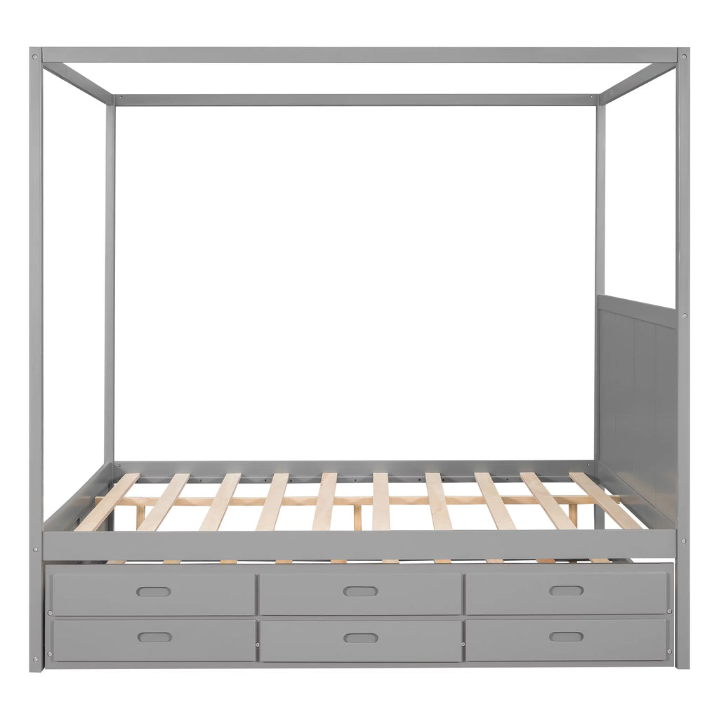 Gray Wooden Queen Platform Bed with Trundle and 3 Storage Drawers T814465