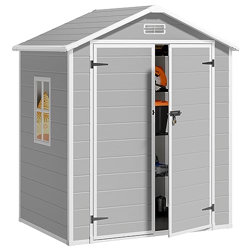 Grey & White 5x3 FT Outdoor Resin Storage Shed with Floor and Lockable Door B597303