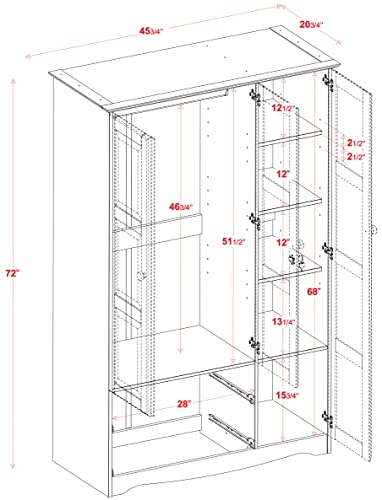 100% Solid Wood Armoire Wardrobe Closet, Java, 4 Shelves, 1 Clothing Rod, 2 Drawers, 1 Lock J694325