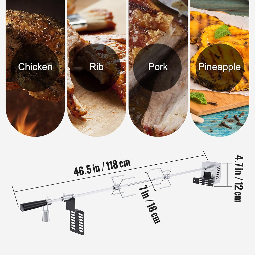 Heavy Duty Stainless Steel Grill Rotisserie Kit with 9W Motor - 32-Inch Hexagon Spit Rod - 26 Lbs Capacity X898
