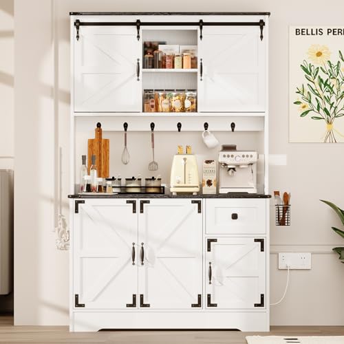 White Kitchen Pantry Cabinet with Charging Station and Microwave Stand K96578