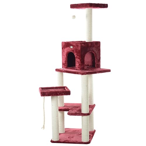 Burgundy Real Wood Cat Tower with Faux Fur E2181