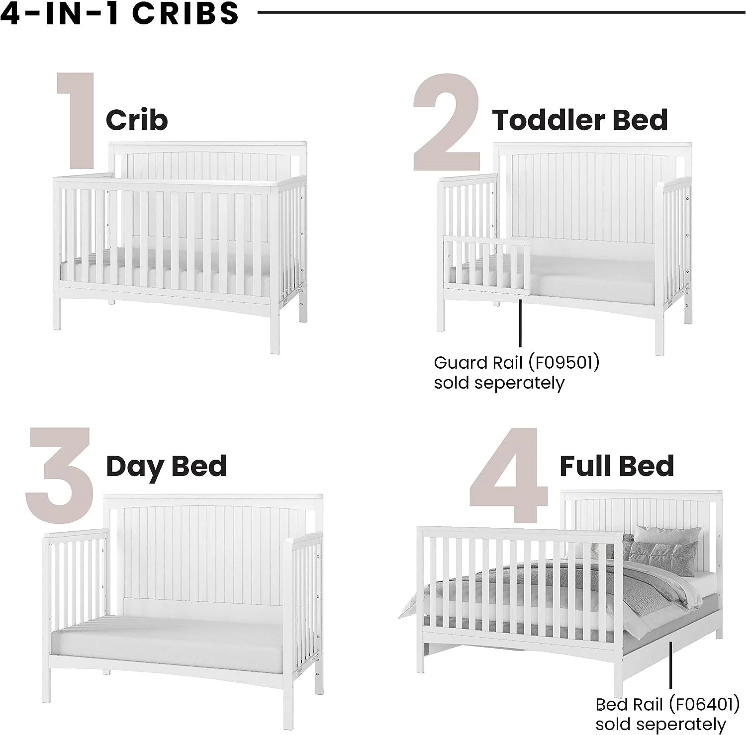 4-in-1 Convertible Crib, Matte White S920