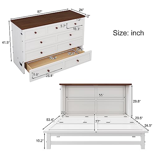 White+Walnut Full Wood Murphy Bed with Storage Drawers U192