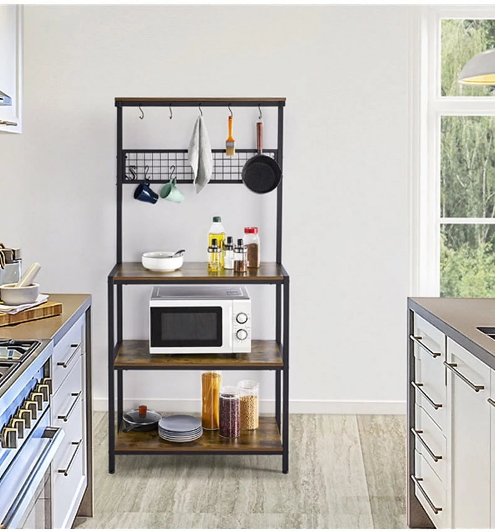 67" Wooden Rustic Brown Bakers Rack with 4 Storage Shelves & 10 Hooks E3386
