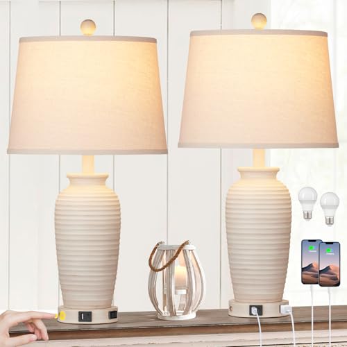 Set of 2 25" Touch Control Table Lamps with USB A+C Ports & AC Outlet O659