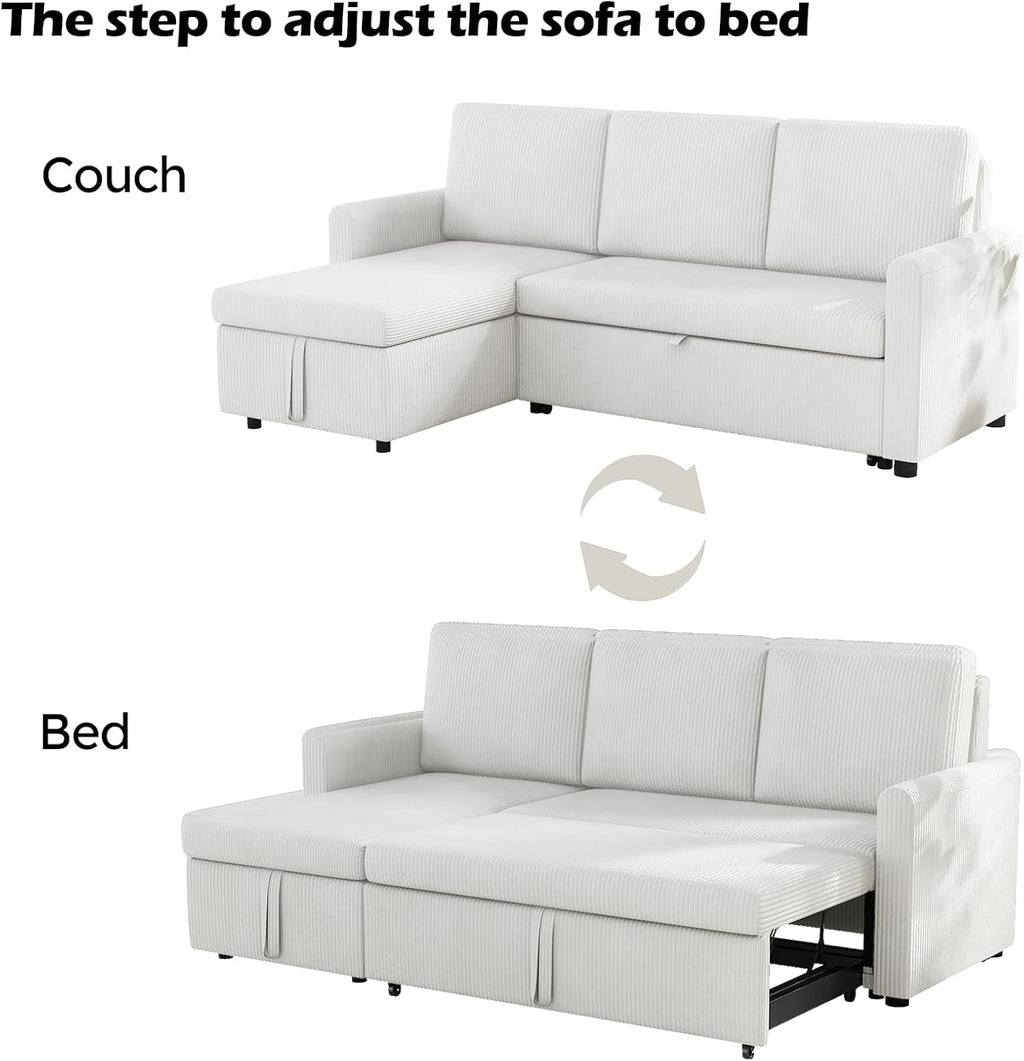 Beige Corduroy L-Shaped Sleeper Sofa with Storage Chaise and 2 Pillows M17222