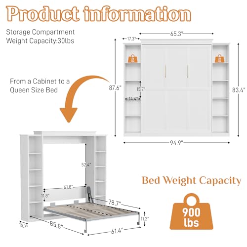 Queen Murphy Bed with Storage Bookcase & 4 Adjustable Shelves, White Wood Wall Bedframe with Metal Legs I668