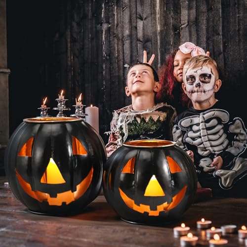 3 Sets Halloween Metal Jack O Lanterns Pumpkin with 3 LED Candles with Black Creepy Cloth Decoration Bundle I762