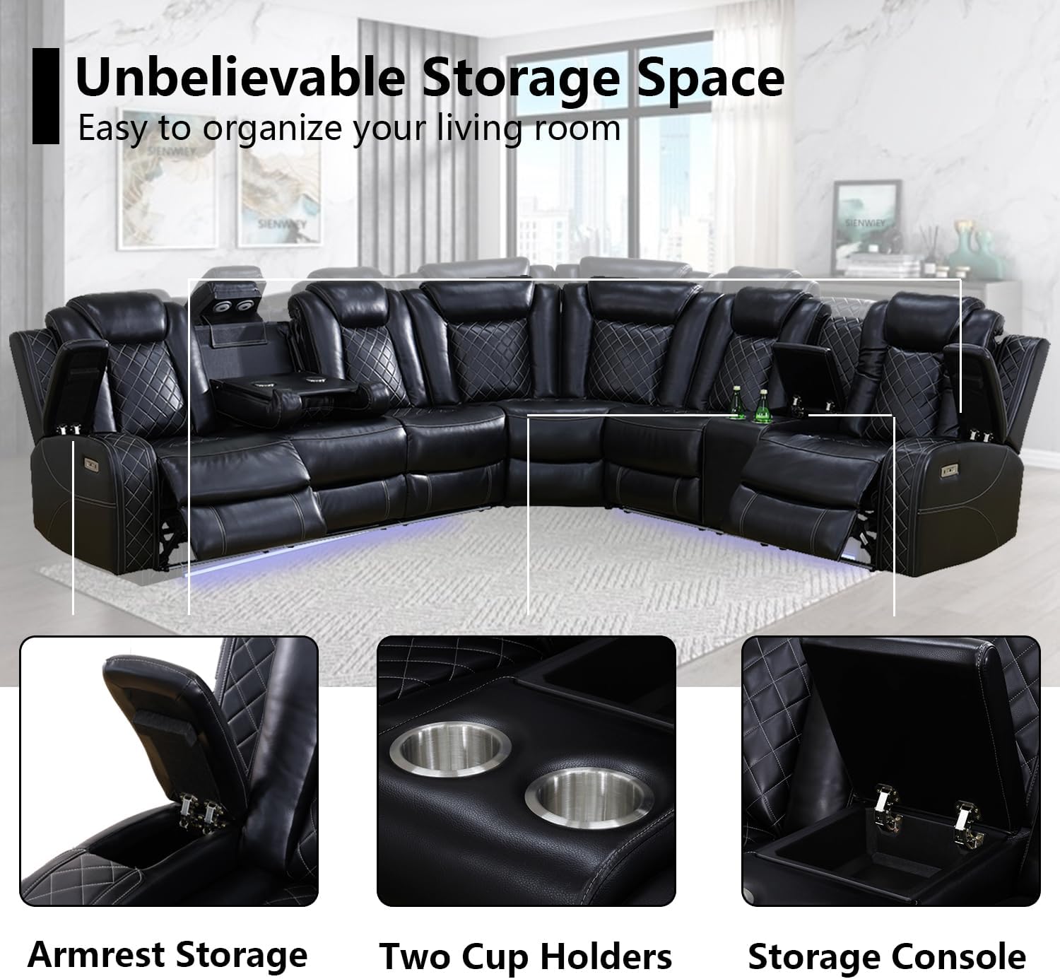 Black Leather Power Reclining Sectional Sofa J11833