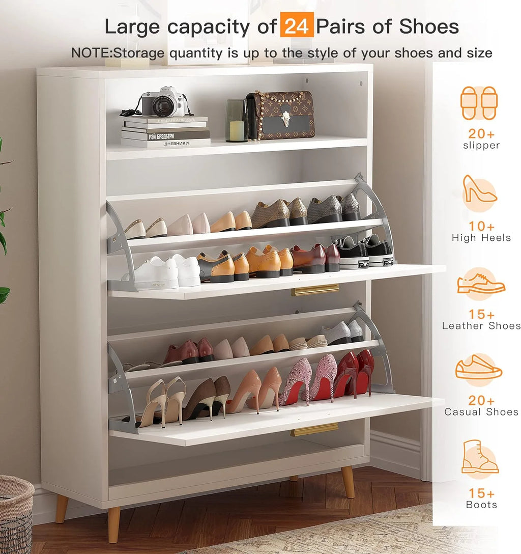 White Narrow Shoe Cabinet with 2 Flip Drawers K61819