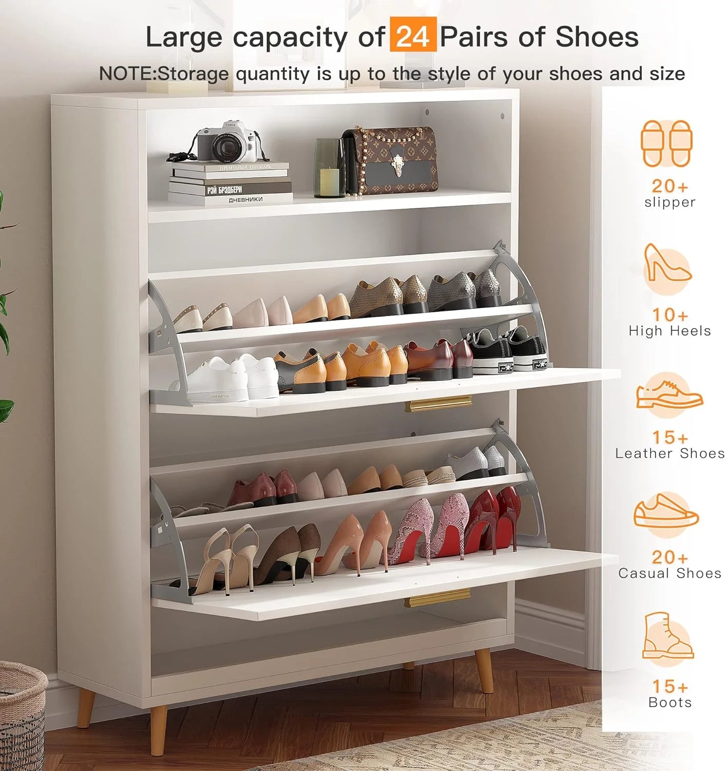 White Narrow Shoe Cabinet with 2 Flip Drawers K61819