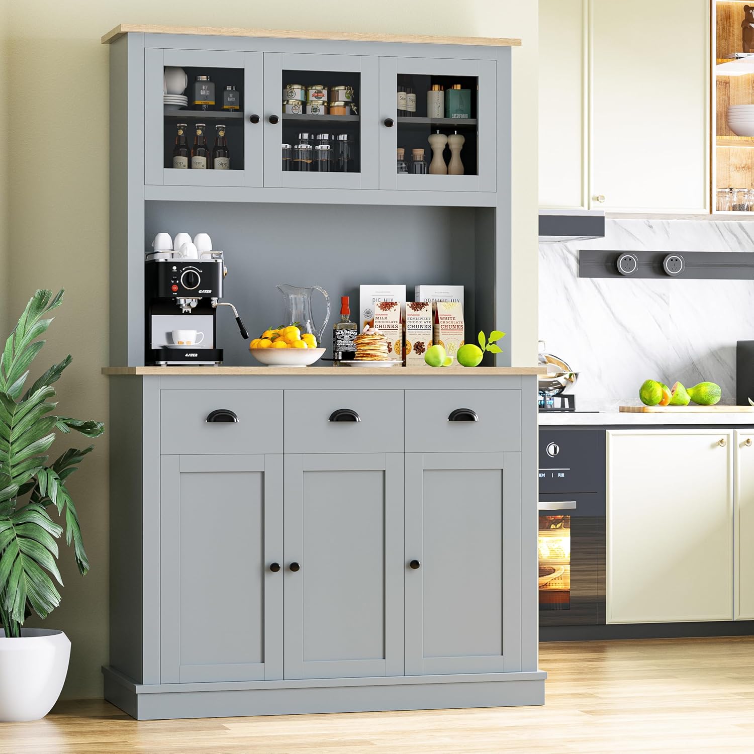 Grey Kitchen Hutch Storage Cabinet with Countertop and Drawers G810