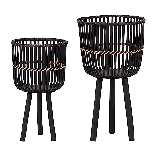Set of 2 Bamboo Wood Planters on Stands, Brown/Black V402
