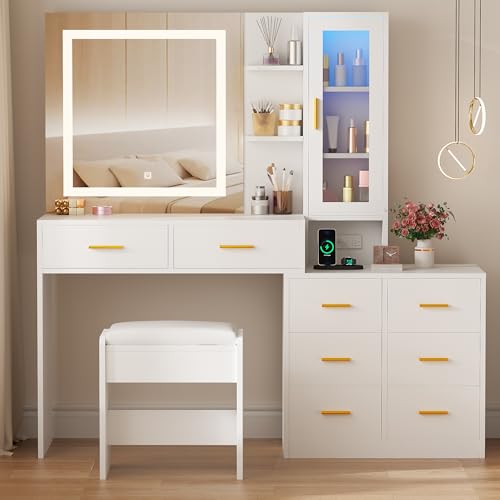 White 51.8" Makeup Vanity Desk with Mirror and Lights 8 Drawers T57628