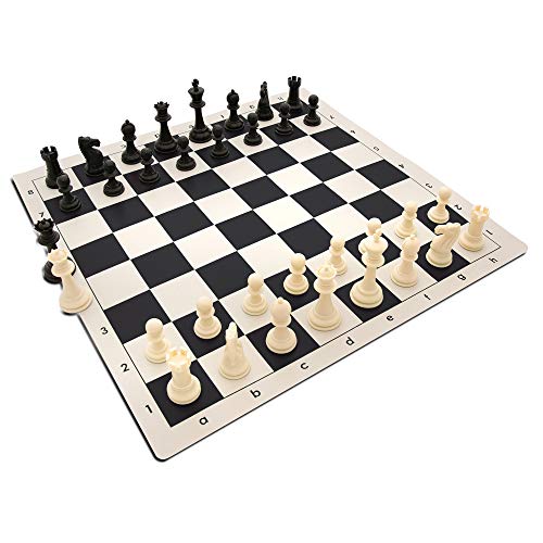 Tournament Chess Set with Filled Chess Pieces and Black Roll-Up Vinyl Chess Board C436