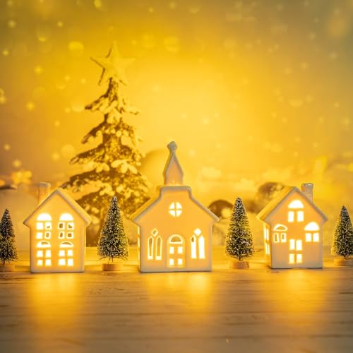 7 Pcs Christmas Porcelain Village Tabletop Figurine LED House Decorations J40535