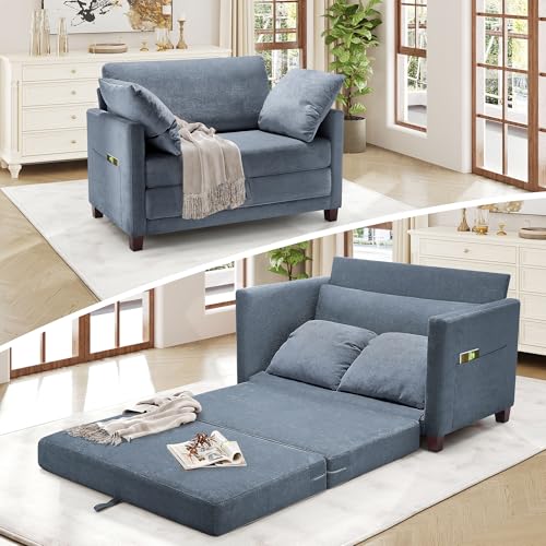 Blue Chenille Convertible Floor Sofa Bed with 2 Pillows Y42816