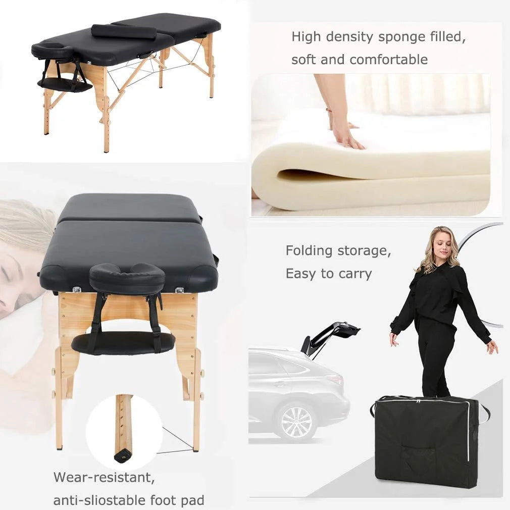 Portable Massage Table 73” L 28”W Height Adjustable with Bolsters Carry Case 2 Fold Black T385378