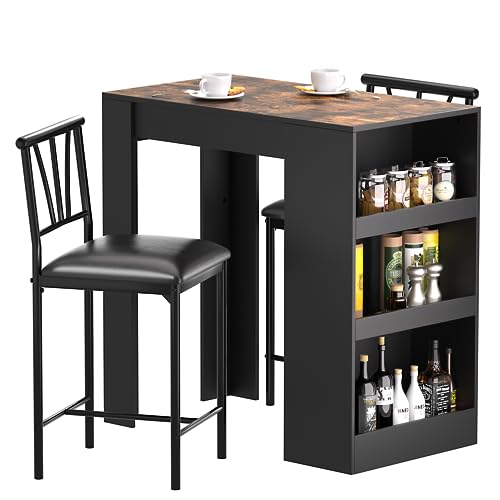 Gray Small Bar Table and Chairs Dining Set for 2 with Storage Shelves Z7025