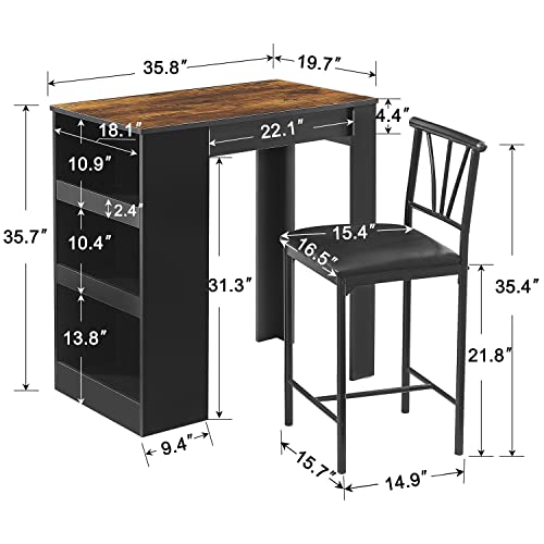 Gray Small Bar Table and Chairs Dining Set for 2 with Storage Shelves Z7025