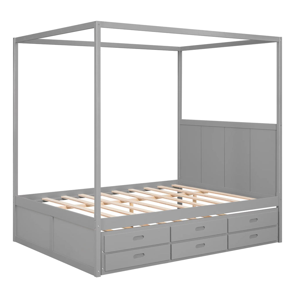 Gray Wooden Queen Platform Bed with Trundle and 3 Storage Drawers T814465