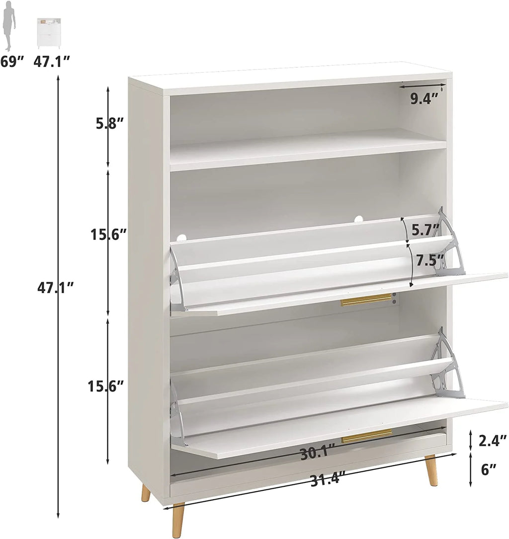 White Narrow Shoe Cabinet with 2 Flip Drawers K61819