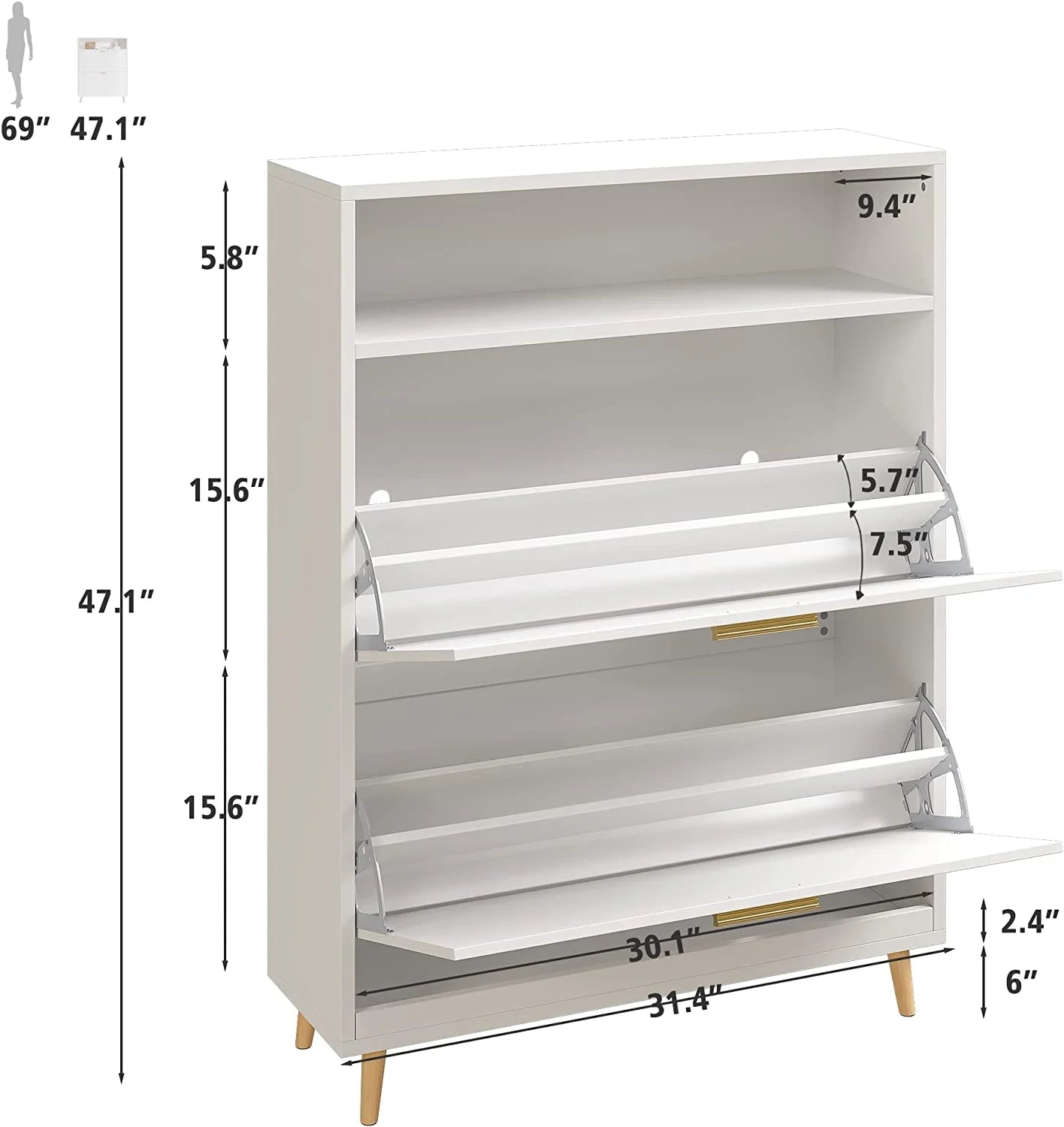 White Narrow Shoe Cabinet with 2 Flip Drawers K61819