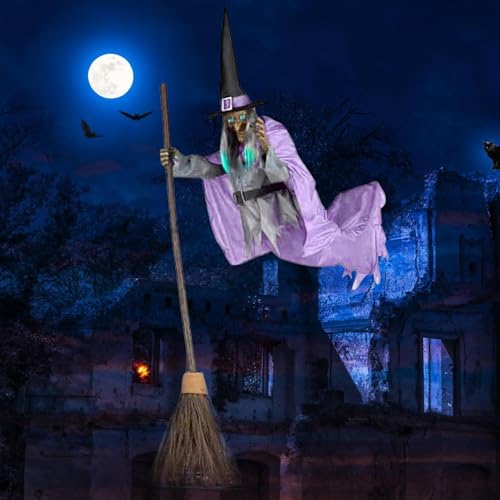 6FT Animated Flying Witch Halloween Decor with Scary Sounds and Lights J25368