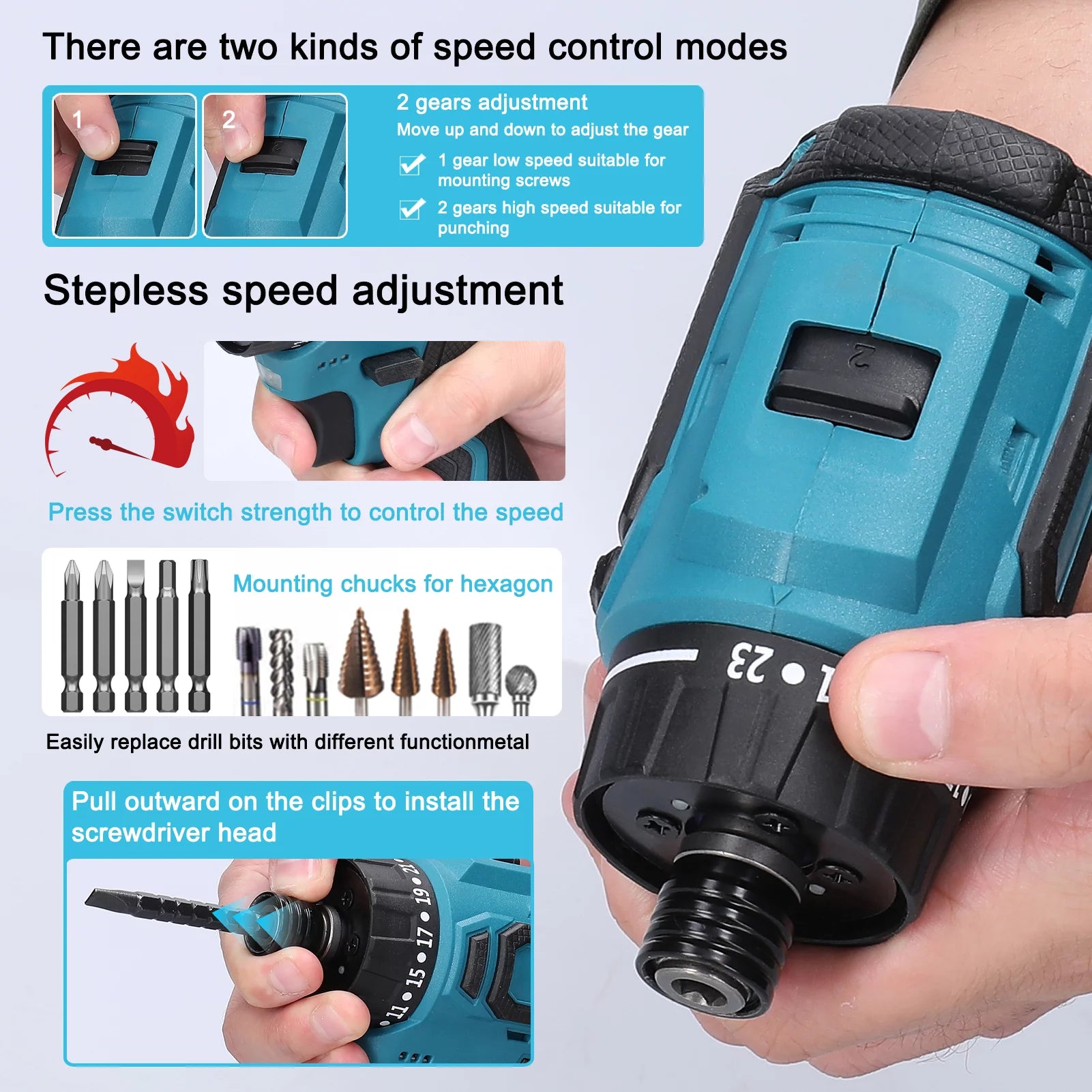 18V Electric Screwdriver Torque Adjustable 2 Speed Control Modes Brushless Motor Repair Tool Kit R353
