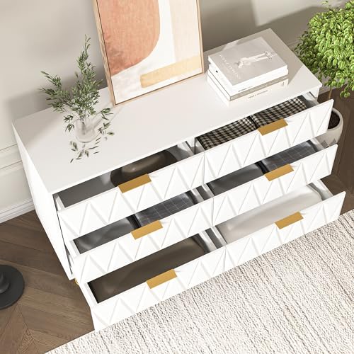 White 6 Drawer Wood Dresser with Gold Handles M626