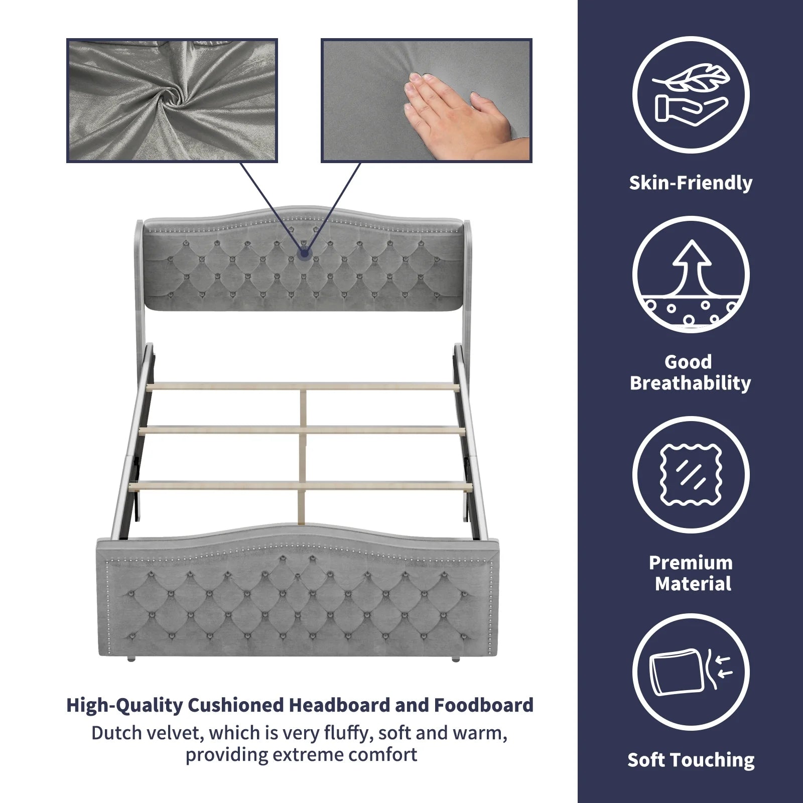 King Size Button Tufted Velvet Platform Bed Frame, Silver Grey W3992