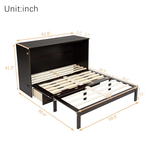 Queen Murphy Bed Cabinet with Charging Station & Rattan Design – Wall Bed with Large Storage Drawer, Foldable Platform Bed – Pine Wood Construction, Walnut M34960