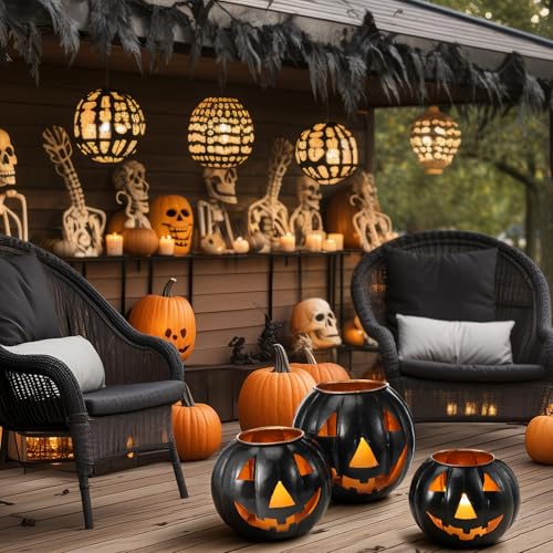 3 Sets Halloween Metal Jack O Lanterns Pumpkin with 3 LED Candles with Black Creepy Cloth Decoration Bundle I762